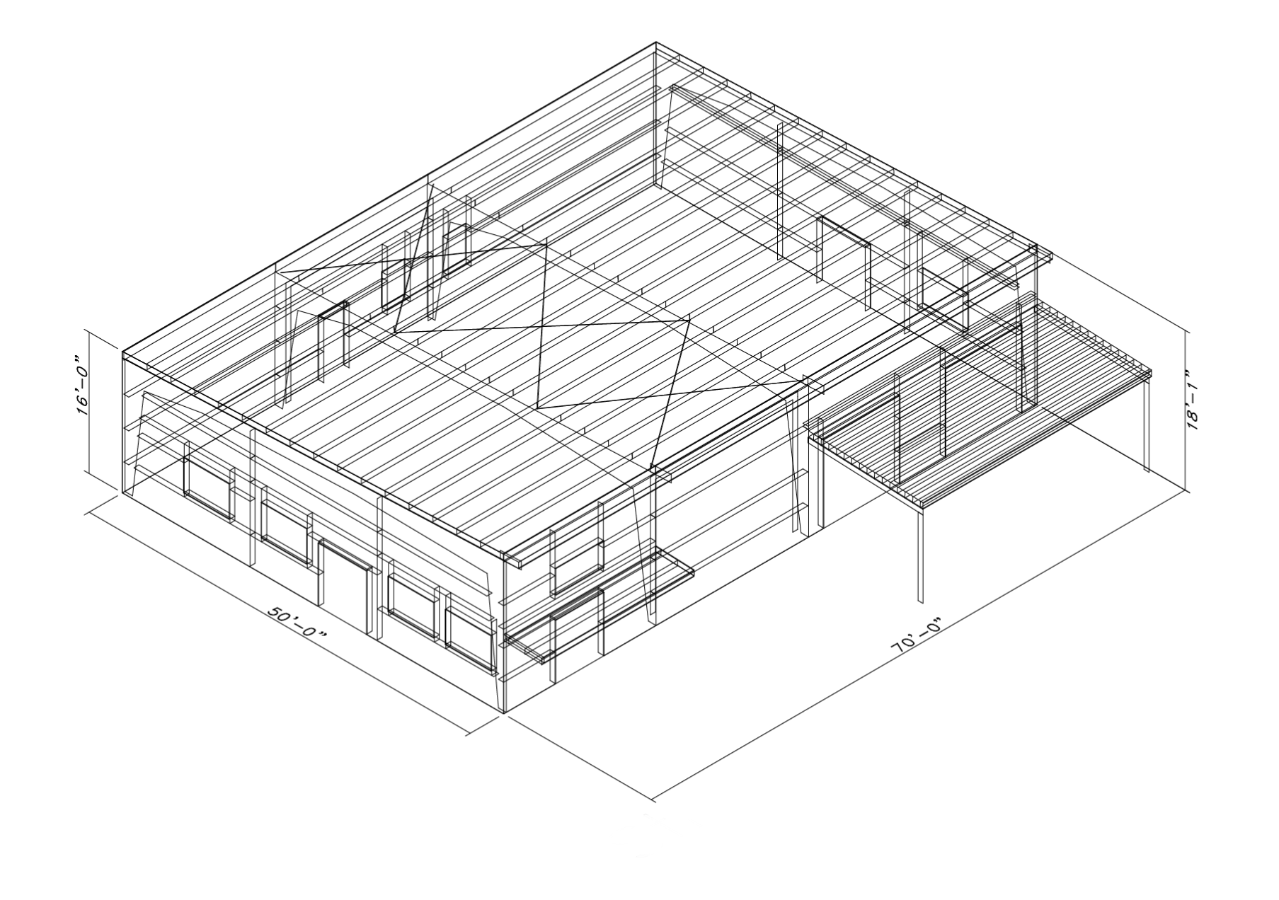 50x70x18 steel restaurant building with covered porch — design render